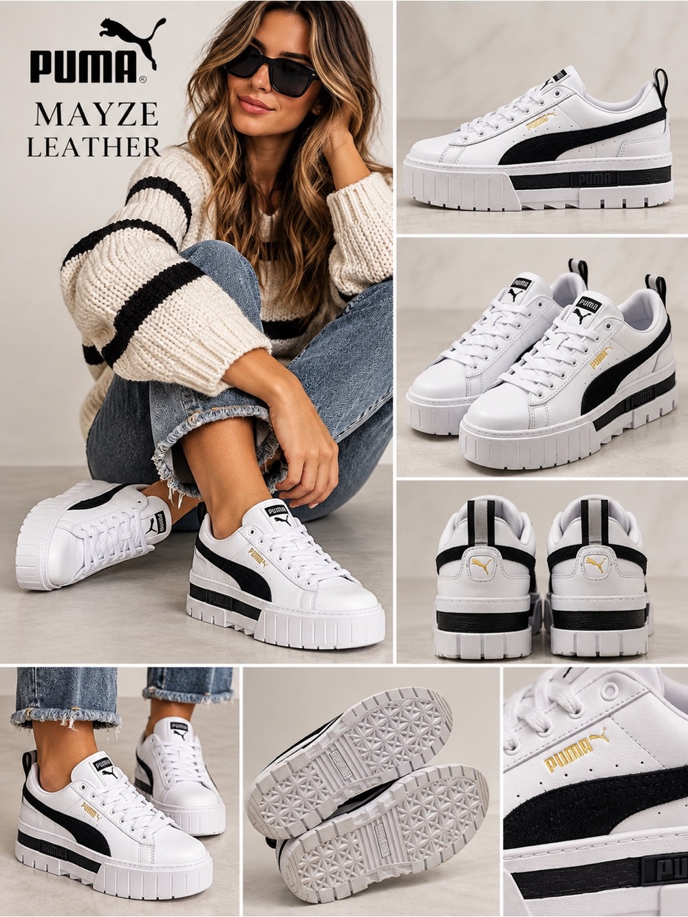 PUMA Mayze Leather Platform Sneakers White Black Women’s Size 7.5 Chunky
